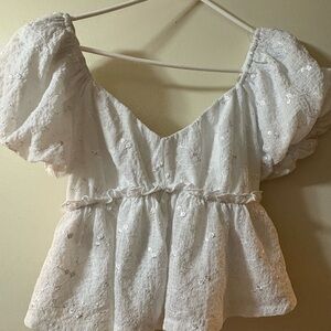 White Lace Puff-Sleeve Peplum Top